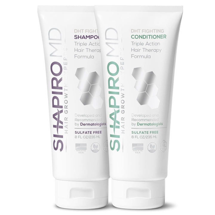 Shapiro MD front packaging showing dermatologists' DHT-fighting duo and clear branding benefit