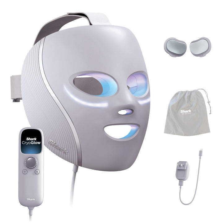 Shark CryoGlow front view showing lilac mask and full-face LED coverage benefit