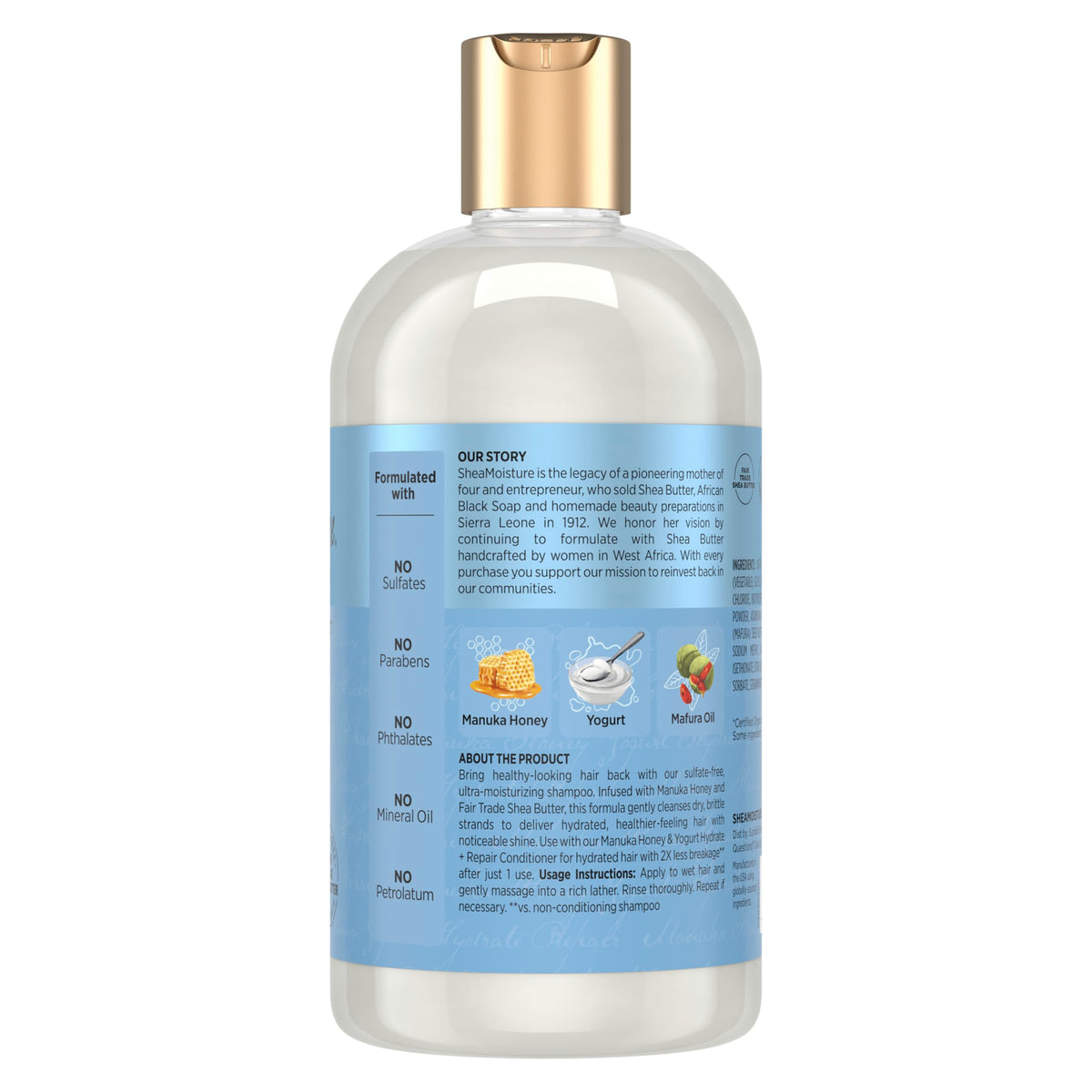 Shea Moisture back label with ingredients and usage directions
