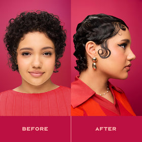 Shea Moisture before and after images showing reduced frizz and shine