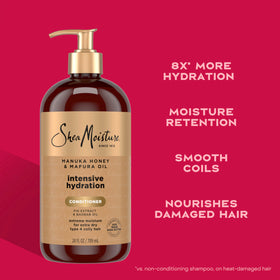 Shea Moisture bottle beside raw manuka honey and mafura oil jars