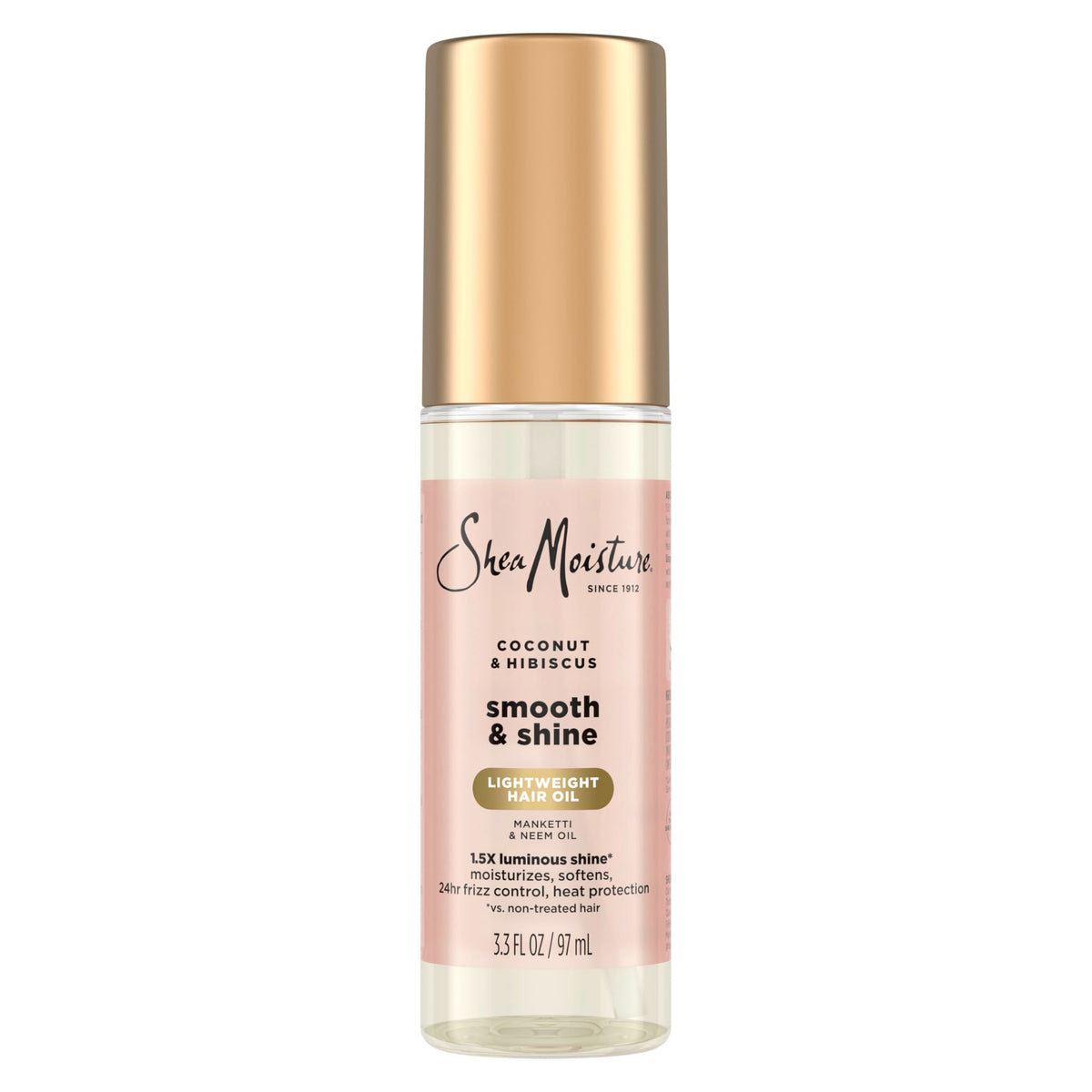 Shea Moisture front packaging showing bottle and benefits