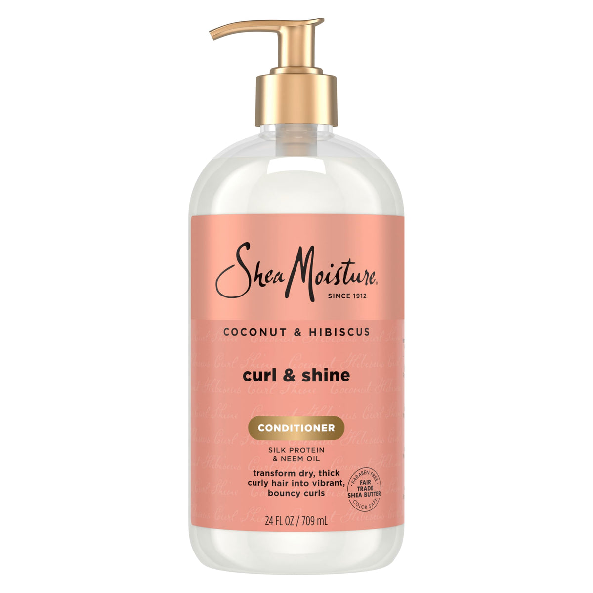 Shea Moisture front bottle showing coconut and hibiscus label and clear benefits