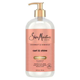 Shea Moisture front bottle showing coconut and hibiscus label and clear benefits
