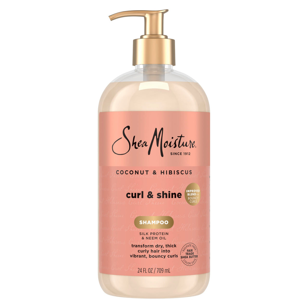 Shea Moisture front bottle coconut hibiscus showing packaging and clear benefits