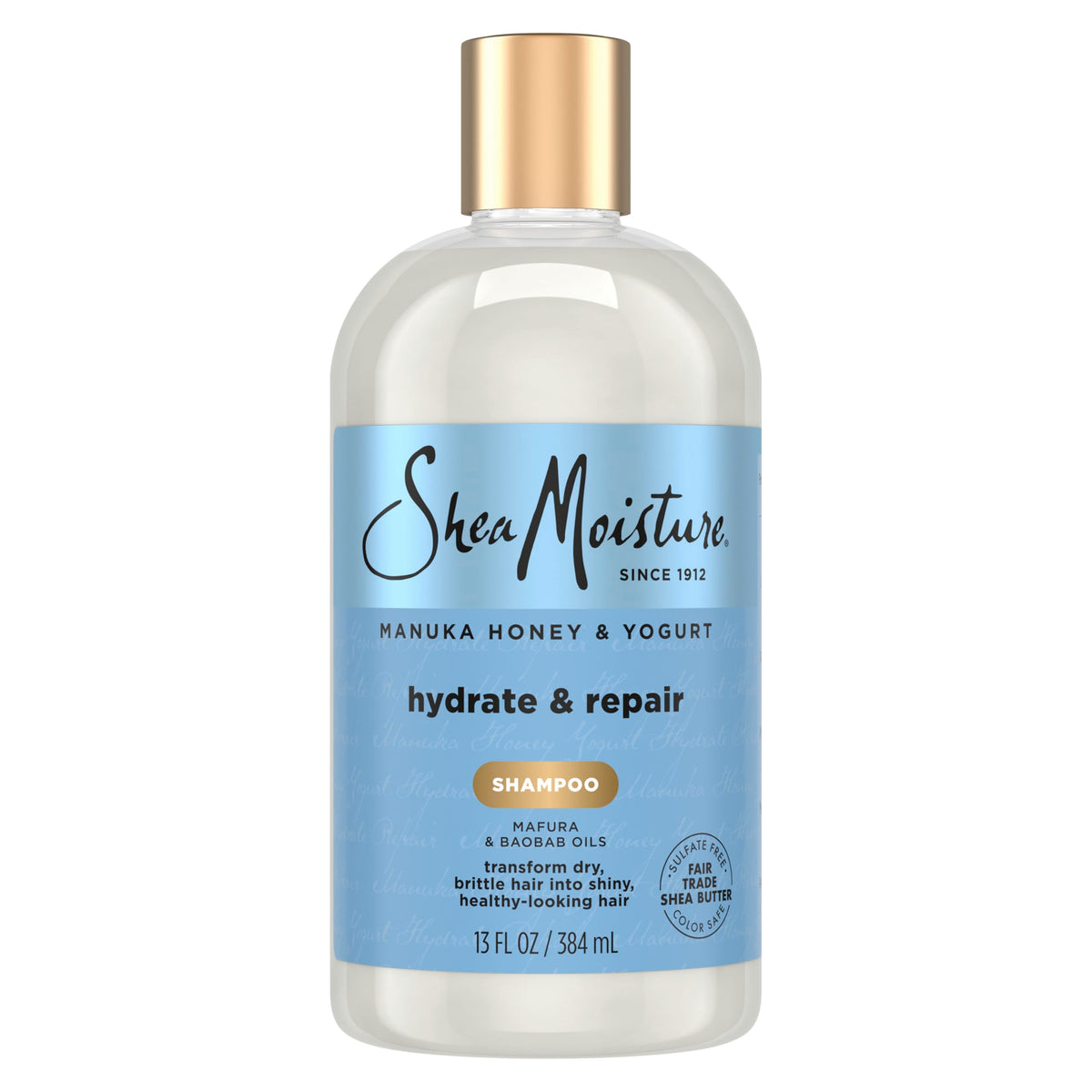 Shea Moisture front bottle showing hydrate and repair benefits