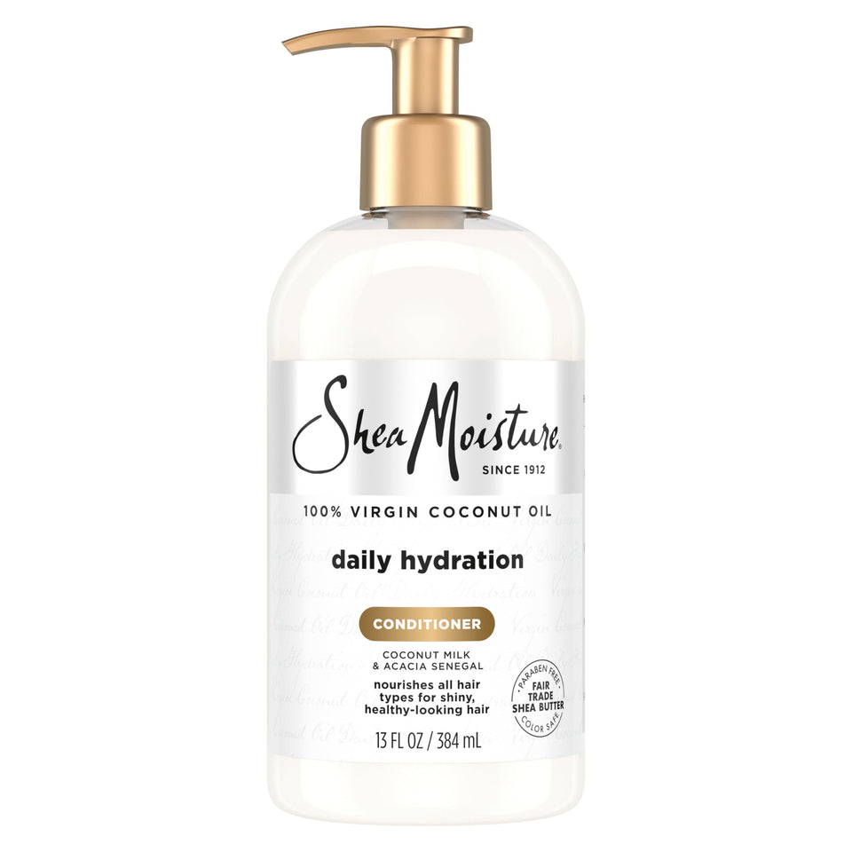 Shea Moisture front packaging showing 13 oz bottle and coconut branding benefit clarity