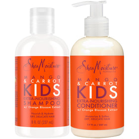 Shea Moisture front packaging showing kids mango and carrot set, gentle cleansing benefit