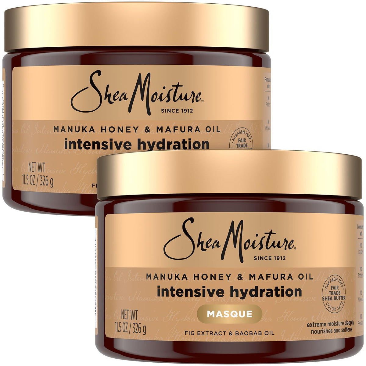 Shea Moisture front packaging showing two jars and benefits clearly