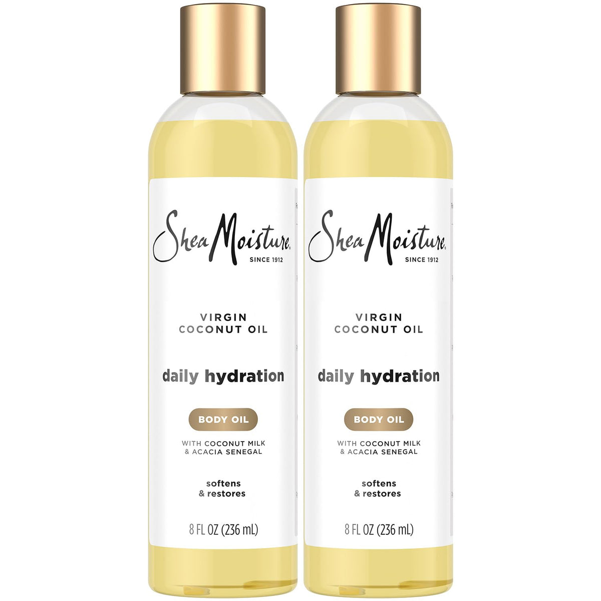 Shea Moisture front packaging showing two 8 oz bottles and benefits