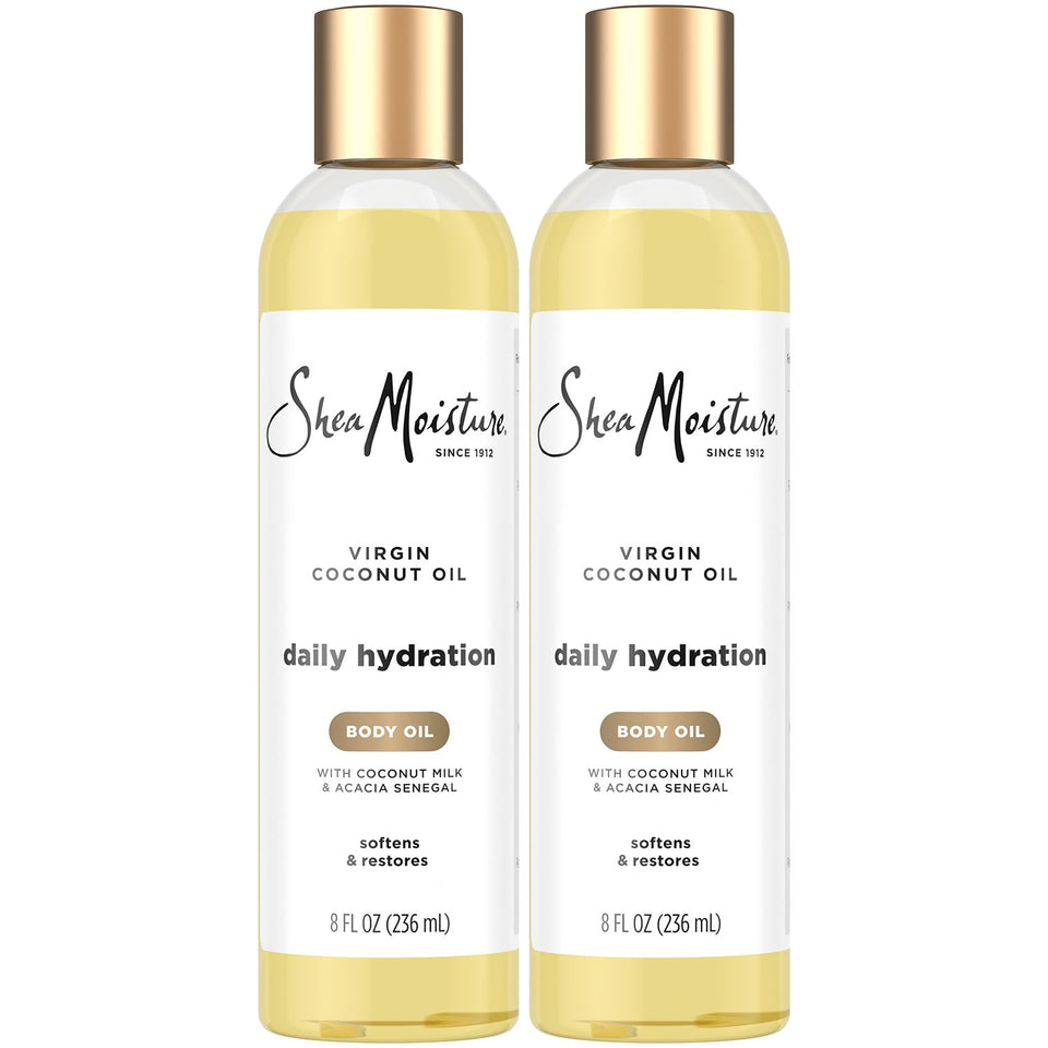 Shea Moisture front packaging showing two 8 oz bottles and benefits