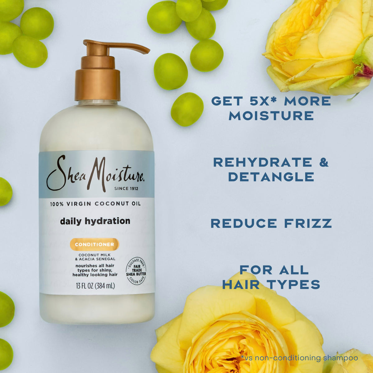 Shea Moisture bottle on bathroom shelf suggesting daily use convenience