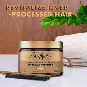 Shea Moisture ingredients display with manuka honey and mafura oil benefits