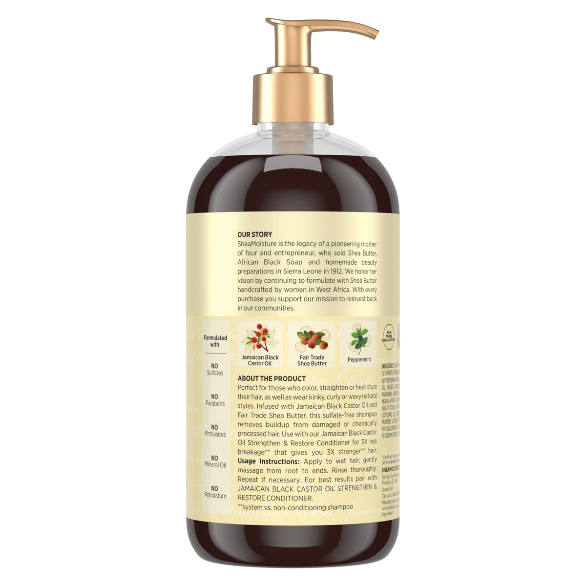 Shea Moisture back label close-up showing ingredients and usage benefits