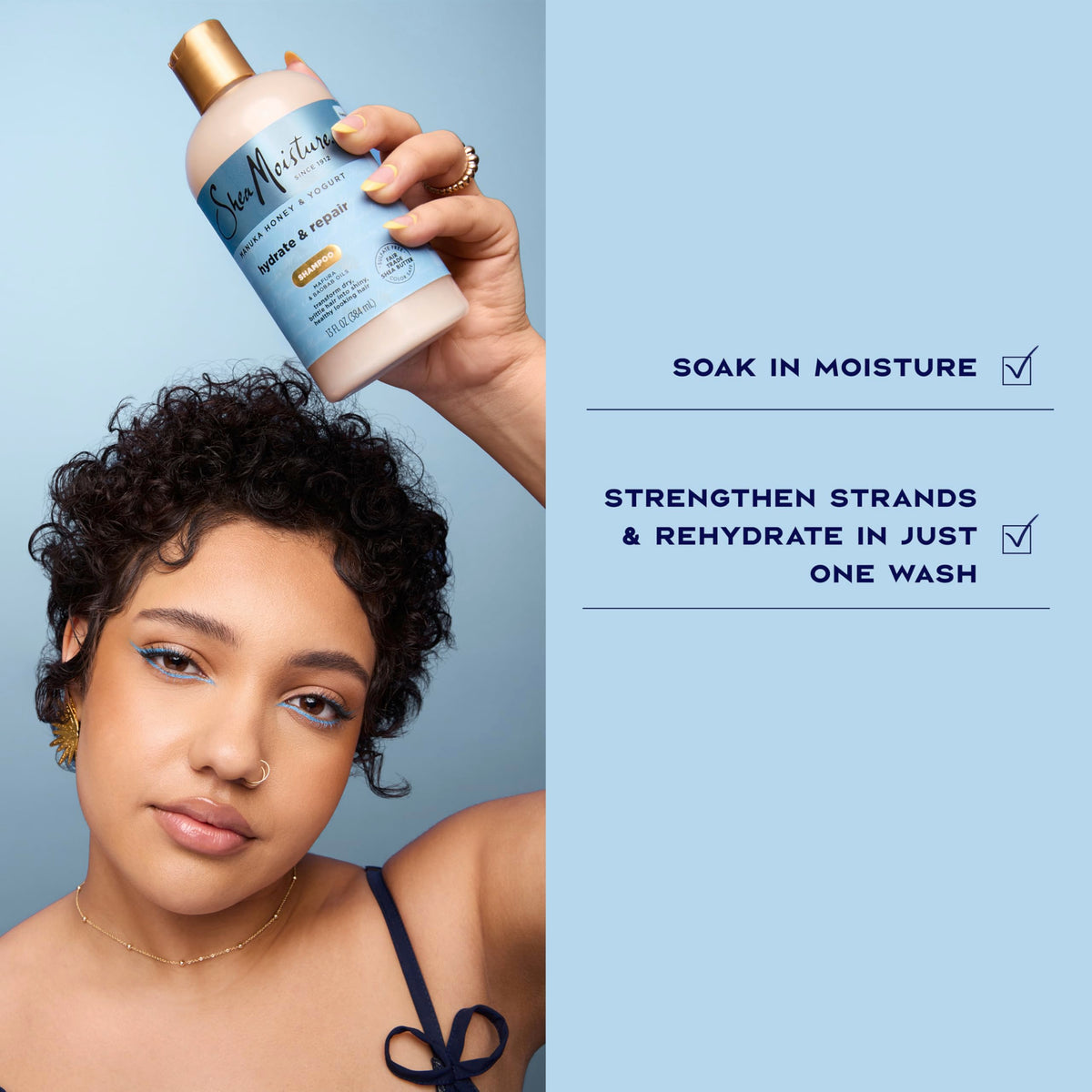 Shea Moisture shampoo applied to wet curly hair for easier detangling