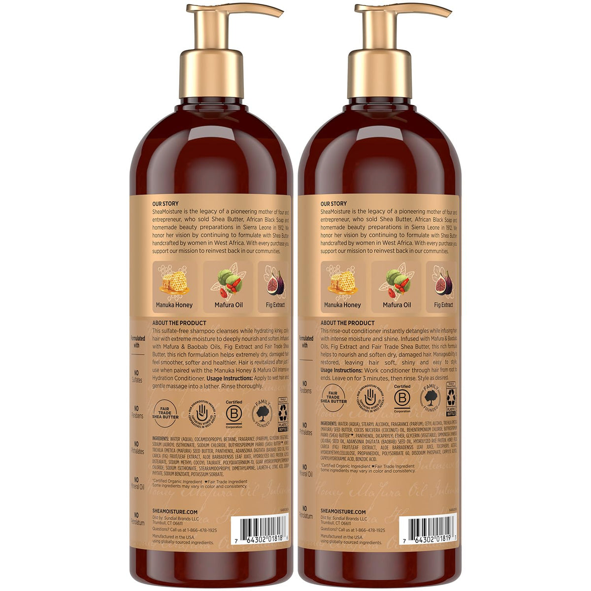 Shea Moisture shampoo label close-up highlighting ingredient callouts