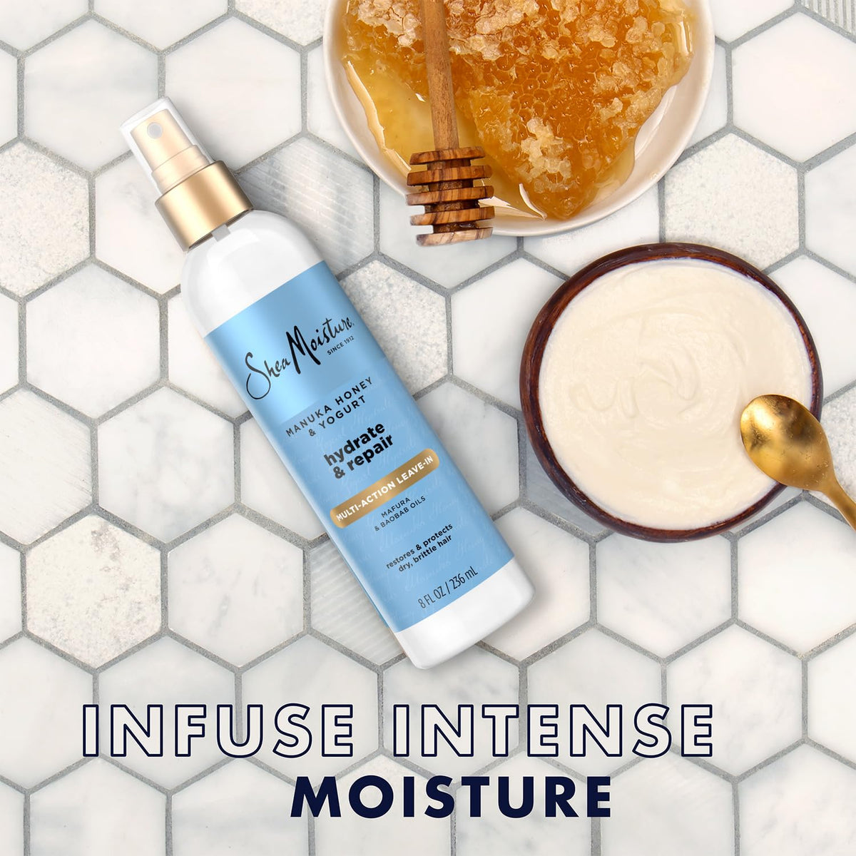 Shea Moisture mist droplet texture highlighting lightweight hydration