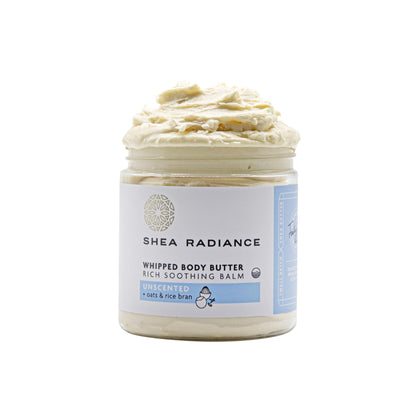 Shea Radiance front jar showing unscented whipped shea butter for deep hydration
