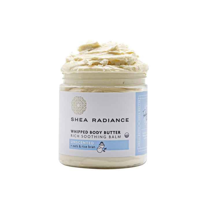 Shea Radiance front jar showing unscented whipped shea butter for deep hydration