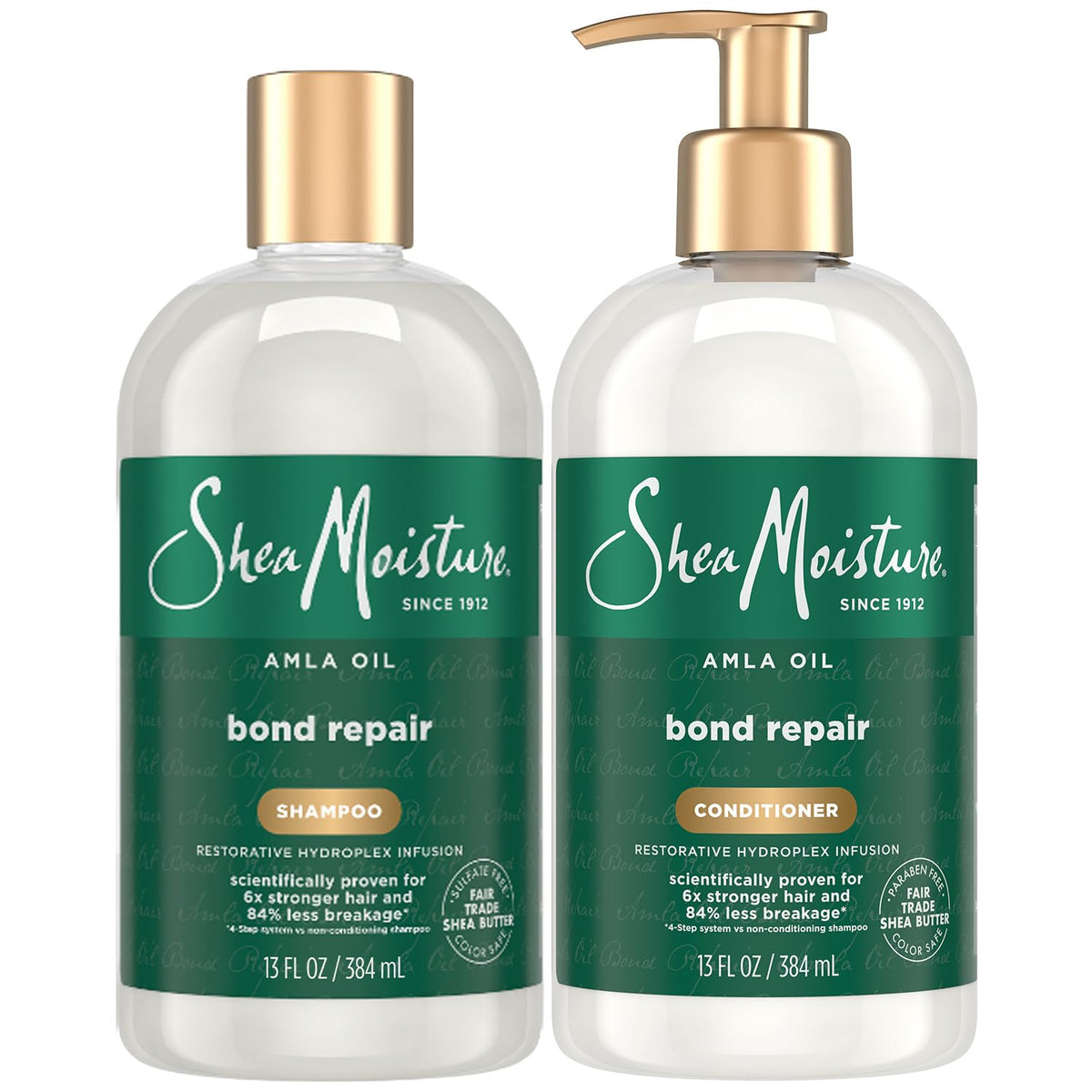 SheaMoisture front packaging showing amla oil bond repair duo and clear sizing benefit