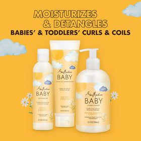 Baby in tub with SheaMoisture products demonstrating tear-free bath