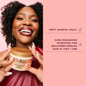 SheaMoisture before and after curls showing enhanced definition and shine