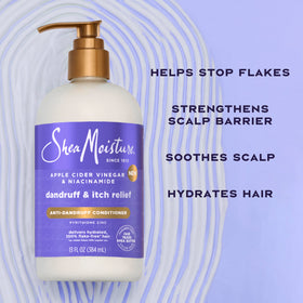 SheaMoisture before and after scalp images showing reduced flakes and relief