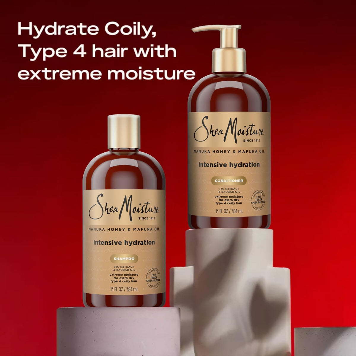 SheaMoisture bottle held over wet hair showing easy application