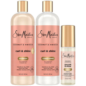 SheaMoisture front packaging showing full Curl & Shine trio and scent