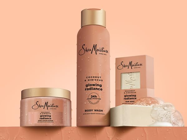 SheaMoisture scrub staged in bathroom setting showing glowing skin routine benefit