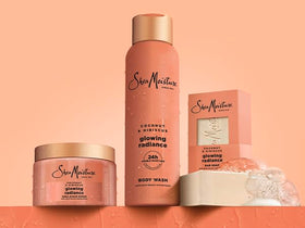 SheaMoisture scrub staged in bathroom setting showing glowing skin routine benefit