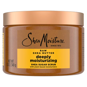 SheaMoisture front jar of raw shea body scrub showing label and jar benefit