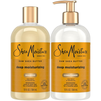 SheaMoisture front packaging showing moisturizing shampoo and conditioner benefits