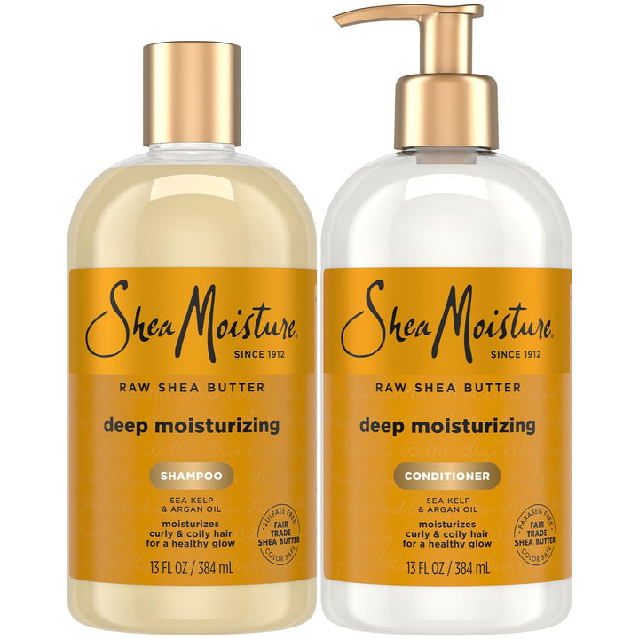 SheaMoisture front packaging showing moisturizing shampoo and conditioner benefits