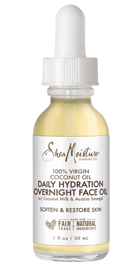 SheaMoisture front packaging of overnight face oil showing bottle and branding, hydrates skin