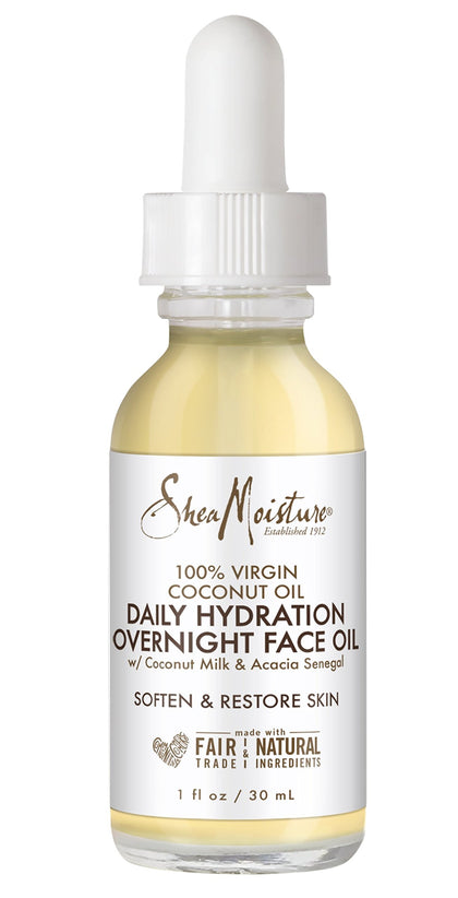 SheaMoisture front packaging of overnight face oil showing bottle and branding, hydrates skin
