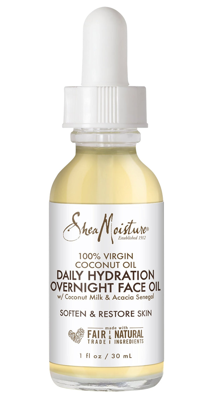 SheaMoisture front packaging of overnight face oil showing bottle and branding, hydrates skin