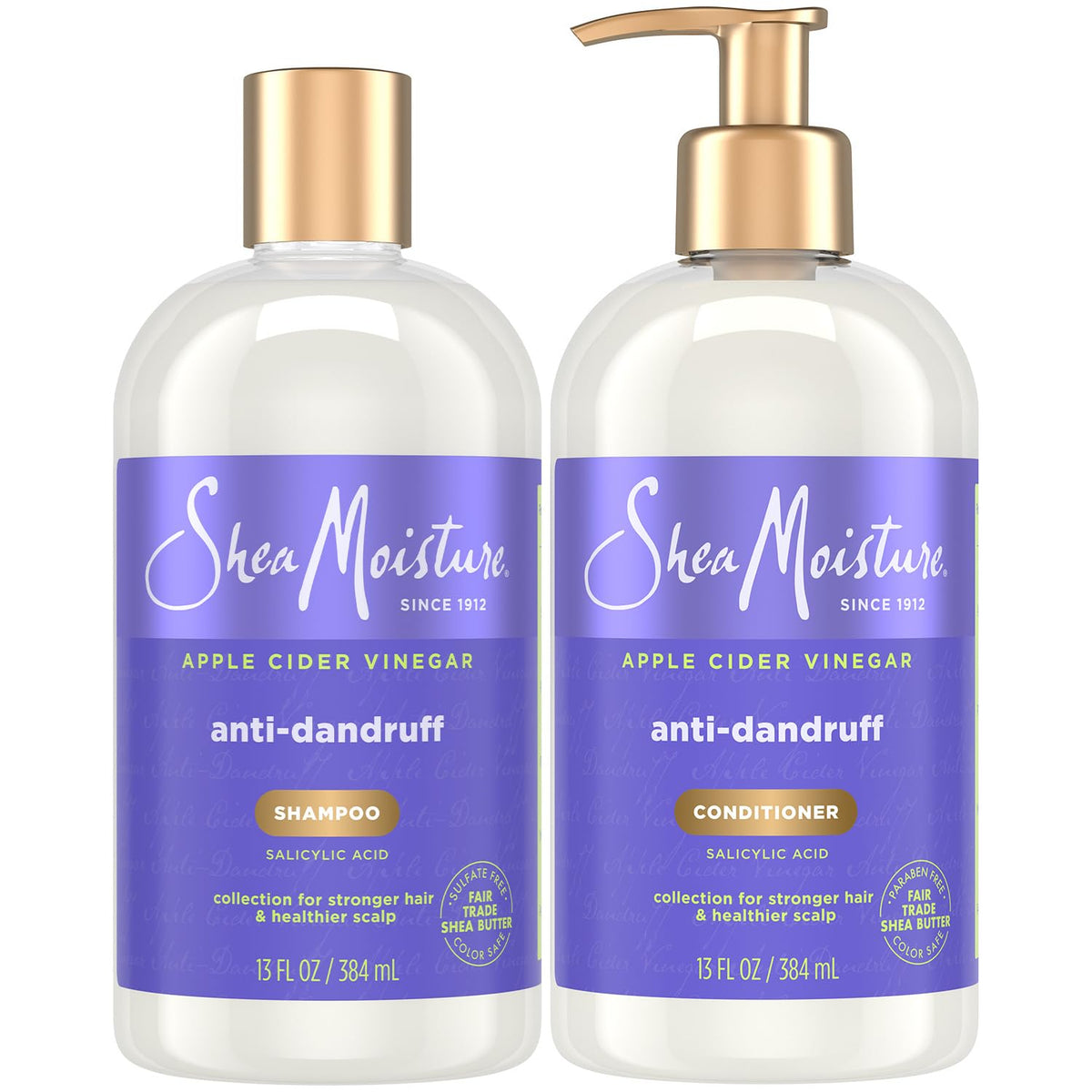 SheaMoisture front packaging showing shampoo and conditioner, clear scalp care benefits