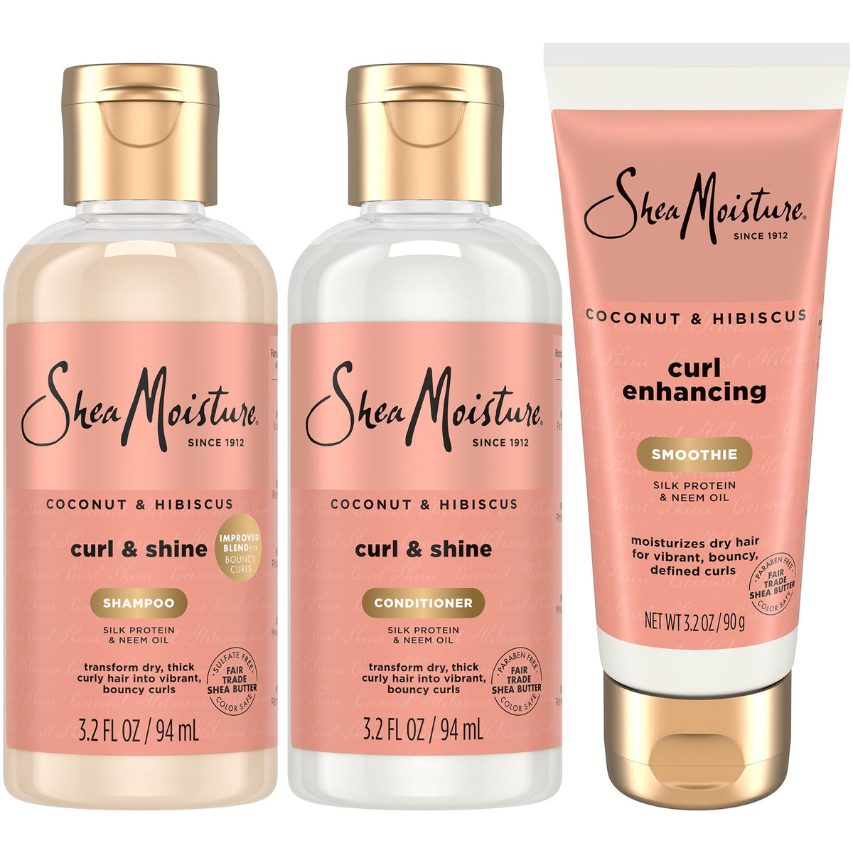 Shea Moisture front packaging trio showing compact travel bottles and bright label for easy packing