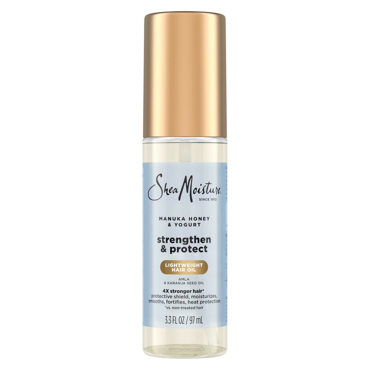 SheaMoisture front packaging, clear bottle shows product and benefits