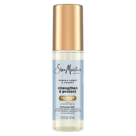 SheaMoisture front packaging, clear bottle shows product and benefits