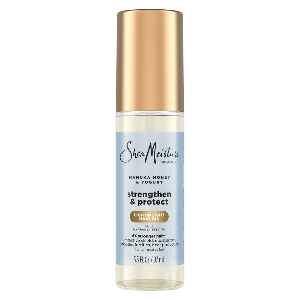 SheaMoisture front packaging, clear bottle shows product and benefits