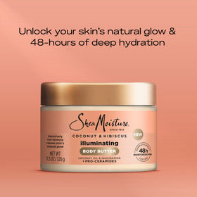 SheaMoisture ingredients flatlay with coconut and hibiscus for nourishment