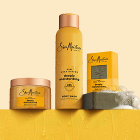 SheaMoisture raw shea frankincense myrrh ingredients arranged to show nourishment