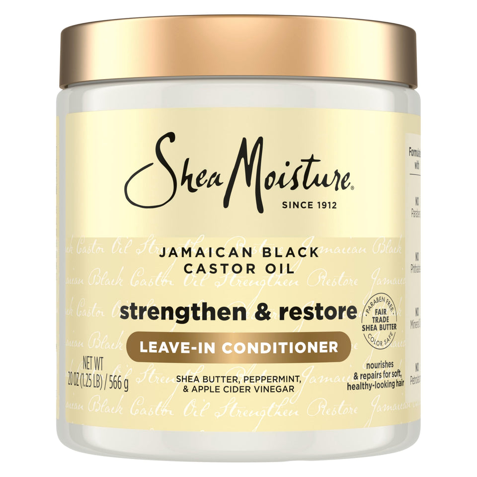 Shea Moisture front packaging showing 20 oz leave-in conditioner and benefits