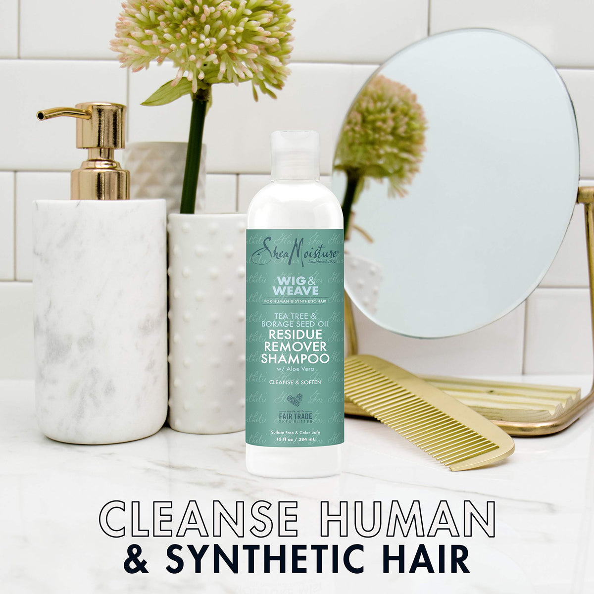 SheaMoisture on a bathroom shelf in lifestyle scene suggesting daily use