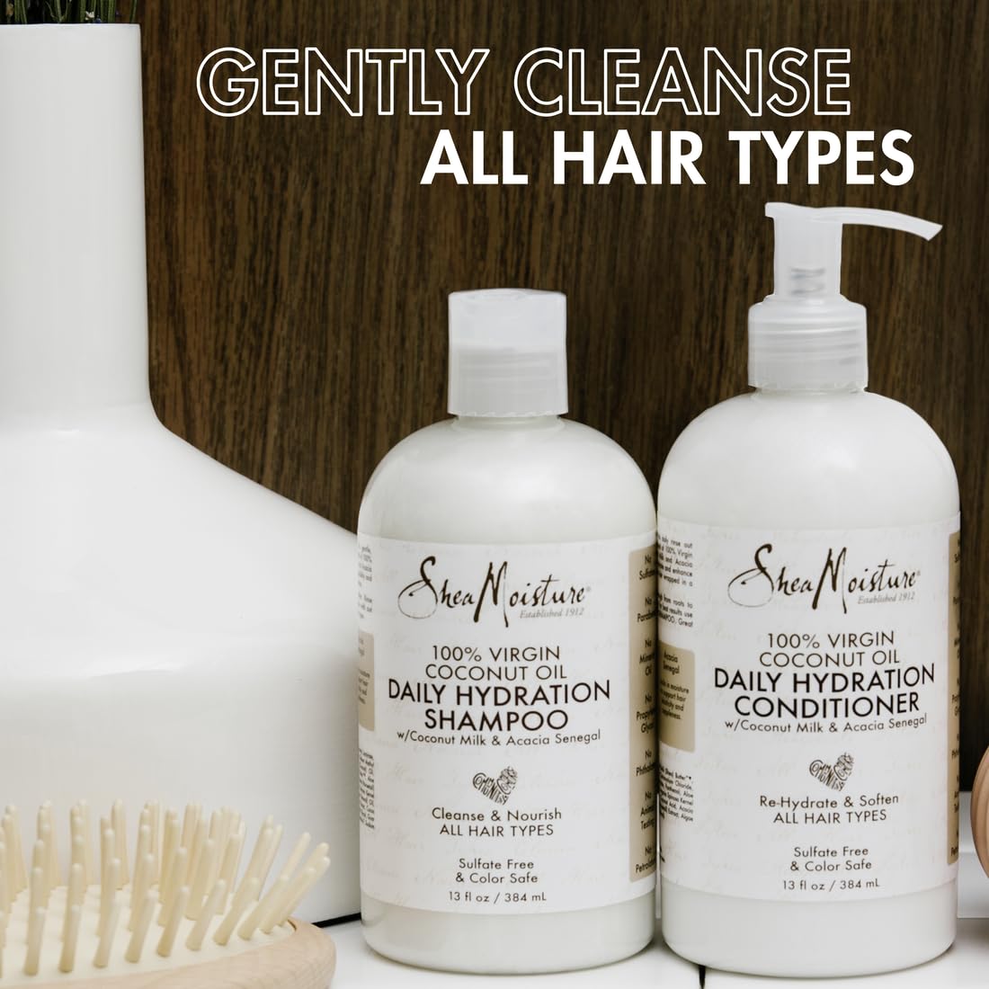 Shea Moisture model outdoors with light coconut-scented hair movement