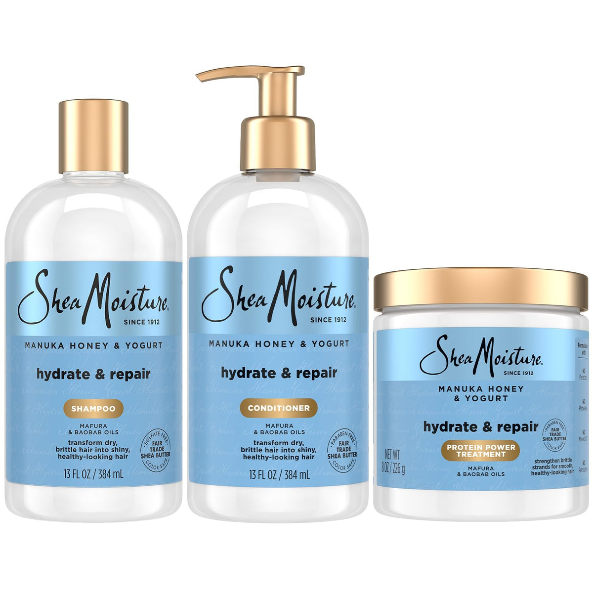 SheaMoisture front packaging of Manuka Honey & Yogurt set showing bottles clearly