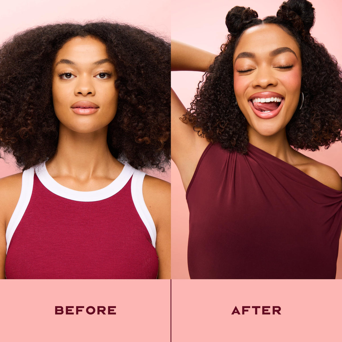 Shea Moisture before and after curls showing reduced frizz and enhanced bounce