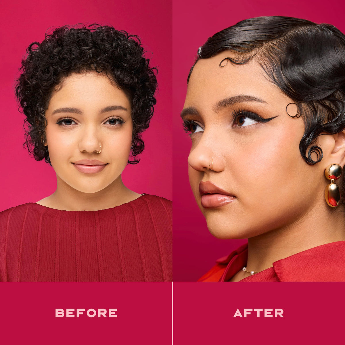SheaMoisture finished roller set showing defined shape and soft, shiny results